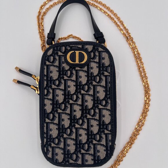 Dior Montaigne Phone Holder with Chain Strap - Blue Oblique Jacquard - Picture 2 of 11